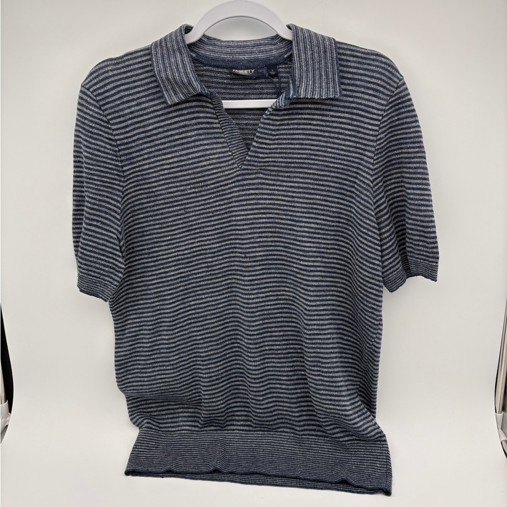 NWT Mens Small Faherty Cayman Navy Feeder Short Sleeve Linen Sweater Polo Top